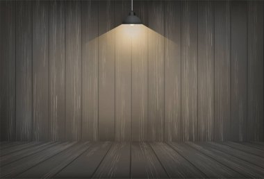 Karanlık oda ahşap alan arka plan ve ampul. Vektör çizim.