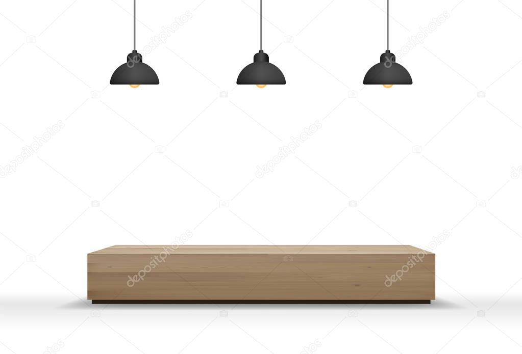 Wooden bench and light bulb isolated on white background with soft shadow. Vector illustration.
