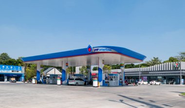 BANGKOK, THAILAND - November 5, 2018 : PTT Gas Station on Nov 5, 2018 in Thailand. PTT is a Thai state-owned SET-listed oil and gas company. clipart