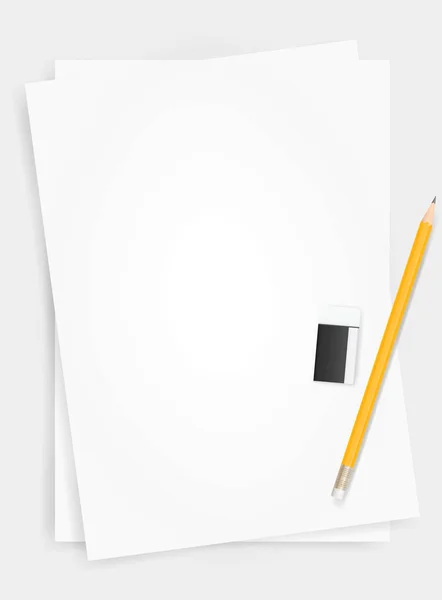 Weißer Papierbogen Hintergrund Mit Bleistift Und Radiergummi Vektorillustration — Stockvektor