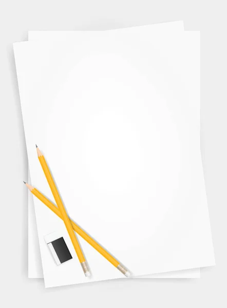 鉛筆と消しゴム ホワイト ペーパー シートの背景 ベクトル図 — ストックベクタ