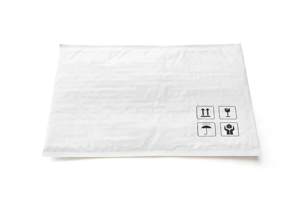 Білий Поштовий Пакет Пластикова Посилка Слабким Знаком Догляду Символом Єкт — стокове фото