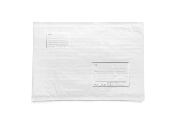 白色邮政包裹 带有写地址区域 用于网上购物广告的塑料包裹对象背景 在白色背景上隔离的具有裁剪路径的对象 — 图库照片