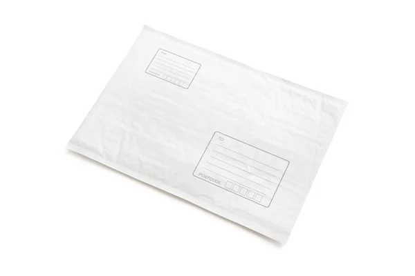 白色邮政包裹 带有写地址区域 用于网上购物广告的塑料包裹对象背景 在白色背景上隔离的具有裁剪路径的对象 — 图库照片