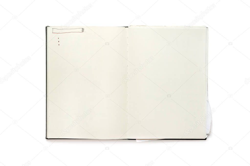 Vintage blank open notebook isolated on white background with clipping path.