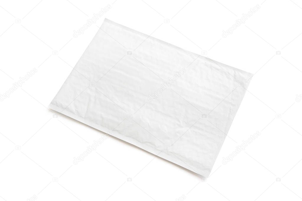 White postal package. Plastic parcel object background for online shopping advertising. Object isolated on white background with clipping path.