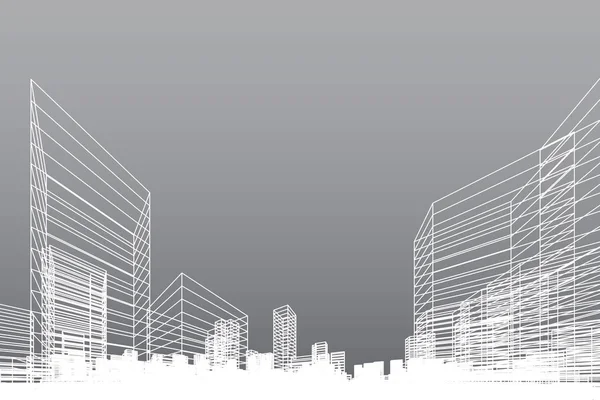 Abstrakter Drahtgitterstadthintergrund Perspektivisches Rendering Von Building Wireframe Vektorillustration — Stockvektor