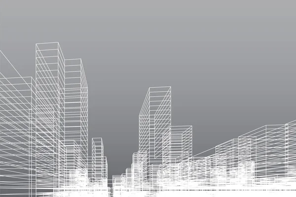 Abstrakter Drahtgitterstadthintergrund Perspektivisches Rendering Von Building Wireframe Vektorillustration — Stockvektor