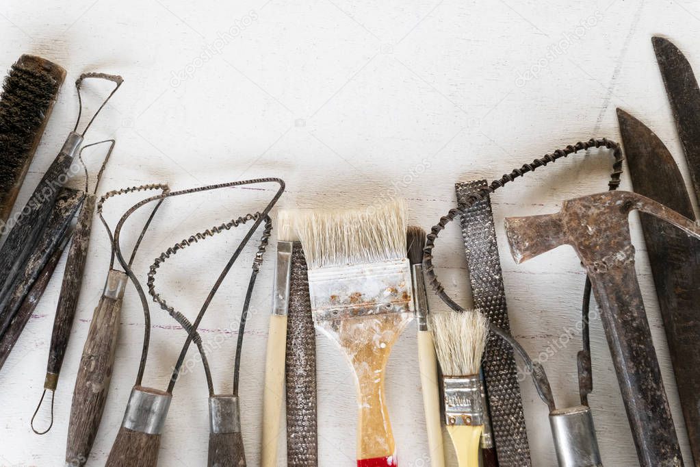 Sculpture tools. Art and craft tools on white background.