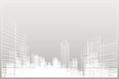 Soyut kablo şeması şehir arka planı. Kablo çerçevesinin 3 boyutlu perspektifi. Vektör illüstrasyonu.