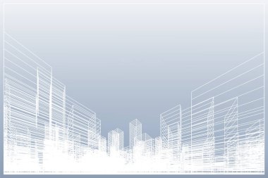 Soyut kablo şeması şehir arka planı. Kablo çerçevesinin 3 boyutlu perspektifi. Vektör illüstrasyonu.