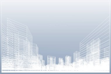 Soyut kablo şeması şehir arka planı. Kablo çerçevesinin 3 boyutlu perspektifi. Vektör illüstrasyonu.