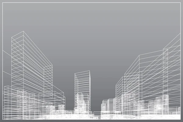 Abstrakter Drahtgitterstadthintergrund Perspektivisches Rendering Von Building Wireframe Vektorillustration — Stockvektor