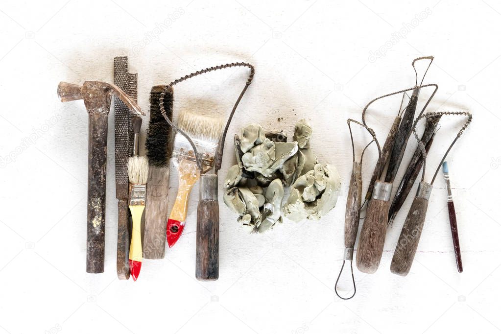 Sculpture tools set background. Art and craft tools on white background.