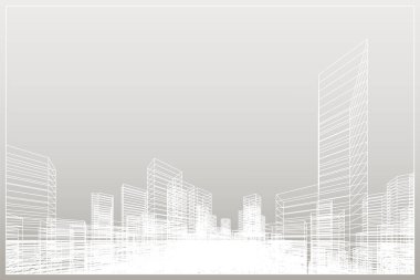 Soyut kablo şeması şehir arka planı. Kablo çerçevesinin 3 boyutlu perspektifi. Vektör illüstrasyonu.