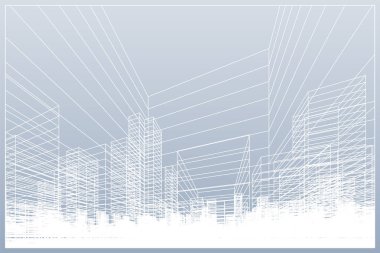Soyut kablo şeması şehir arka planı. Kablo çerçevesinin 3 boyutlu perspektifi. Vektör illüstrasyonu.