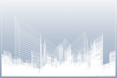 Soyut kablo şeması şehir arka planı. Kablo çerçevesinin 3 boyutlu perspektifi. Vektör illüstrasyonu.