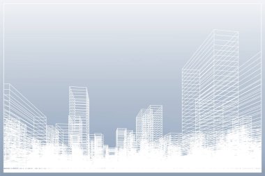 Soyut kablo şeması şehir arka planı. Kablo çerçevesinin 3 boyutlu perspektifi. Vektör illüstrasyonu.