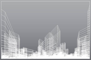 Soyut kablo şeması şehir arka planı. Kablo çerçevesinin 3 boyutlu perspektifi. Vektör illüstrasyonu.