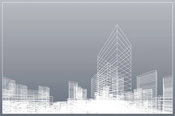 Résumé Filaire Arrière Plan Ville Perspective Rendu Construction Wireframe Illustration — Image vectorielle