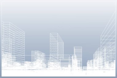 Soyut kablo şeması şehir arka planı. Kablo çerçevesinin 3 boyutlu perspektifi. Vektör illüstrasyonu.