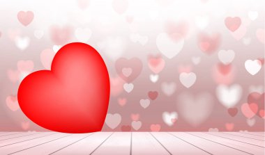 Bokeh kırmızı kalp kırmızı kalp ile ışık ahşap doku üzerinde yüzen arka plan bulanık. Vektör çizim fikir.