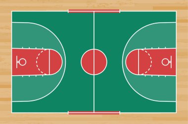 Basketbol mahkeme kat hatta ahşap desen doku arka plan ile. Basketbol alan. Vektör çizim.