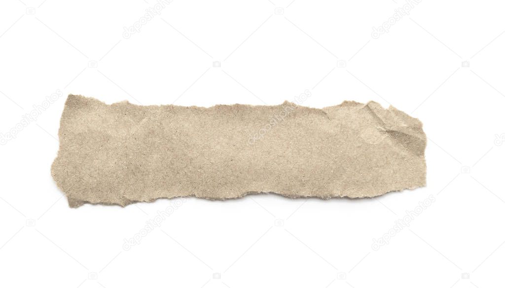 Recycled paper craft stick on a white background. Brown paper torn or ripped pieces of paper isolated on white with clipping path.