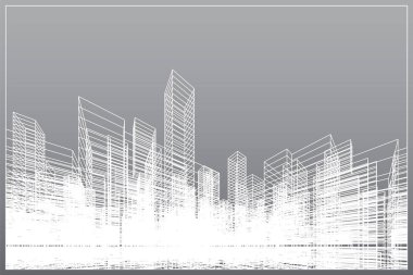 Soyut kablo şeması şehir arka planı. Kablo çerçevesinin 3 boyutlu perspektifi. Vektör illüstrasyonu.