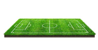 Futbol sahası veya futbol sahası izole kırpma yolu beyaz zemin üzerine yeşil çim desen doku üzerinde. Çizgi deseni yeşil çim futbol Stadı arka plan.