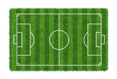 Futbol sahası veya futbol sahası izole kırpma yolu beyaz zemin üzerine yeşil çim desen doku üzerinde.