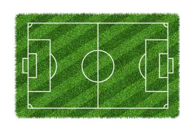 Futbol sahası veya futbol sahası izole kırpma yolu beyaz zemin üzerine yeşil çim desen doku üzerinde.