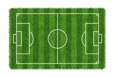 Futbol sahası veya futbol sahası izole kırpma yolu beyaz zemin üzerine yeşil çim desen doku üzerinde.
