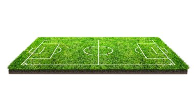 Futbol sahası veya futbol sahası izole kırpma yolu beyaz zemin üzerine yeşil çim desen doku üzerinde. Çizgi deseni yeşil çim futbol Stadı arka plan.