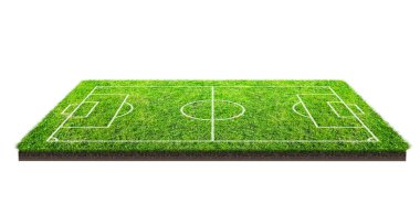 Futbol sahası veya futbol sahası izole kırpma yolu beyaz zemin üzerine yeşil çim desen doku üzerinde. Çizgi deseni yeşil çim futbol Stadı arka plan.