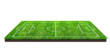 Futbol sahası veya futbol sahası izole kırpma yolu beyaz zemin üzerine yeşil çim desen doku üzerinde. Çizgi deseni yeşil çim futbol Stadı arka plan.
