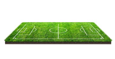 Futbol sahası veya futbol sahası izole kırpma yolu beyaz zemin üzerine yeşil çim desen doku üzerinde. Çizgi deseni yeşil çim futbol Stadı arka plan.