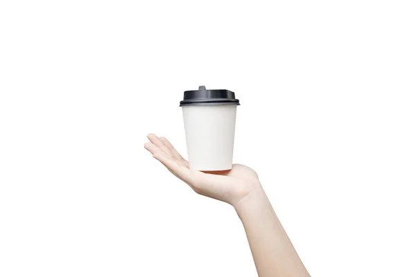 コーヒーカップの背景を取り除きます。コーヒーパを持つ女性の手 — ストック写真