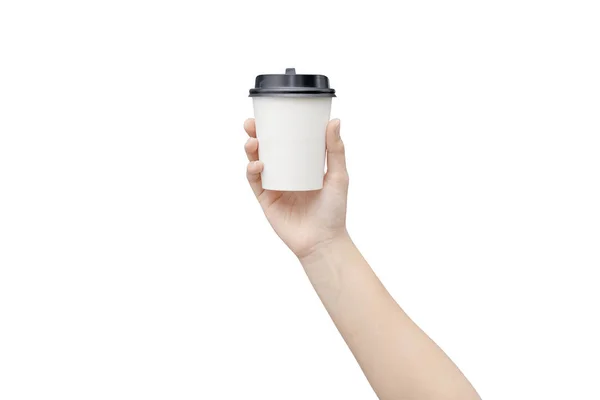 Take away coffee cup background. Female hand holding a coffee pa — Stock Photo, Image