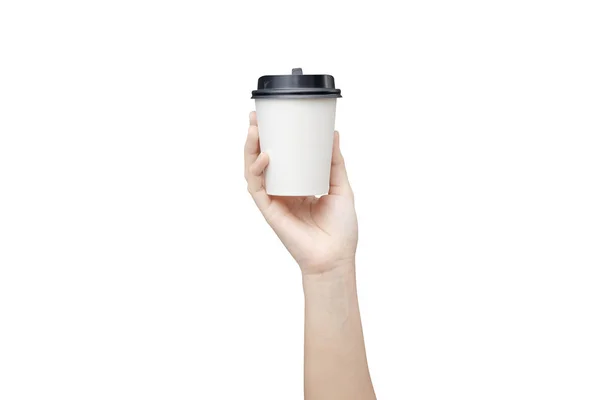 Quita el fondo de la taza de café. Mano femenina sosteniendo un café pa —  Fotos de Stock