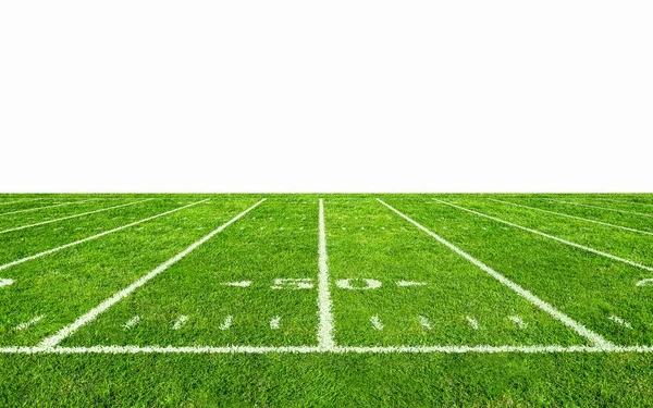 美式足球场与线 有草坪图案的美式足球体育场 在白色背景上与剪切路径隔离 — 图库照片
