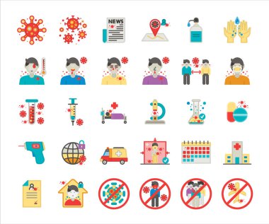 Coronavirus veya covid-19 virüs simgeleri bilgi ya da web sitesi için ayarlandı. Kavramsal koronavirüs işareti ve piksel için mükemmel ızgaralarla oluşturulmuş sembol. Düz simge seti.