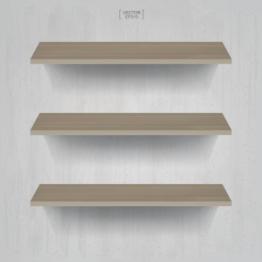 Kaliteli beton arka planda ahşap raf. Vektör illüstrasyonu.