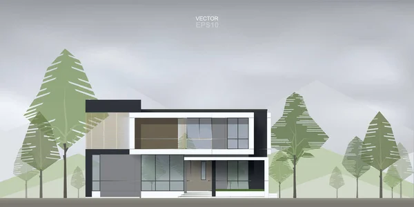 Afbeelding Van Tropisch Modern Huis Met Groene Natuur Achtergrond Vectorillustratie — Stockvector