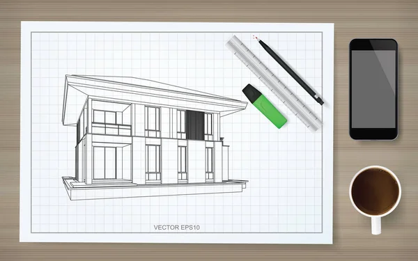 Fondo Papel Construcción Plano Con Imagen Casa Marco Alambre Idea — Archivo Imágenes Vectoriales