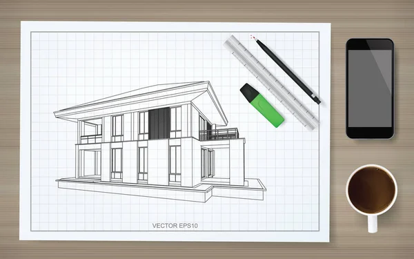 Konstruktion Papper Bakgrund Ritning Med Bild Wireframe Hus Abstrakt Konstruktion — Stock vektor