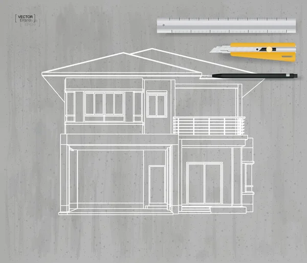 Abstracto Perspectiva Wireframe Casa Sobre Fondo Textura Hormigón Gris Ilustración — Archivo Imágenes Vectoriales