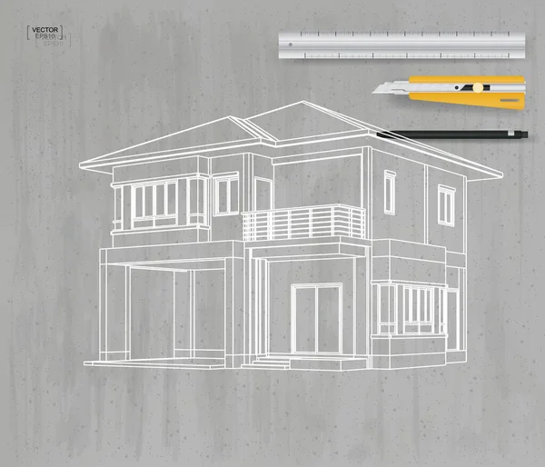 Abstracto Perspectiva Wireframe Casa Sobre Fondo Textura Hormigón Gris Ilustración — Archivo Imágenes Vectoriales