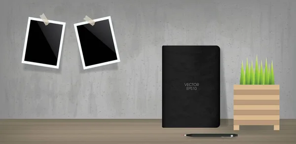 黒のノートとヴィンテージルームスペースの背景に空白の写真フレーム ベクターイラスト — ストックベクタ