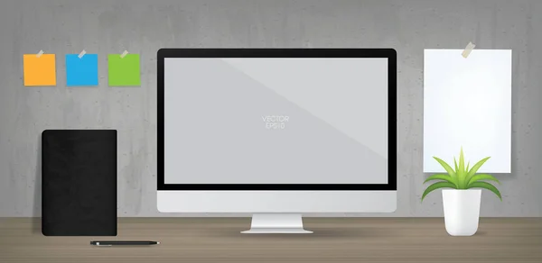 作業領域にコンピュータディスプレイの背景 インテリアデザインや装飾のためのビジネス背景 ベクターイラスト — ストックベクタ